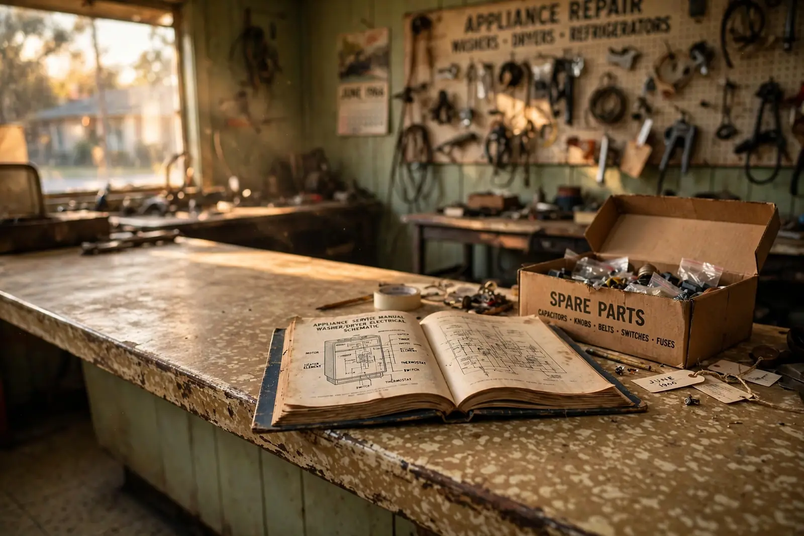 The parts counter: a worn formica counter with an open appliance service manual and a box of spare parts