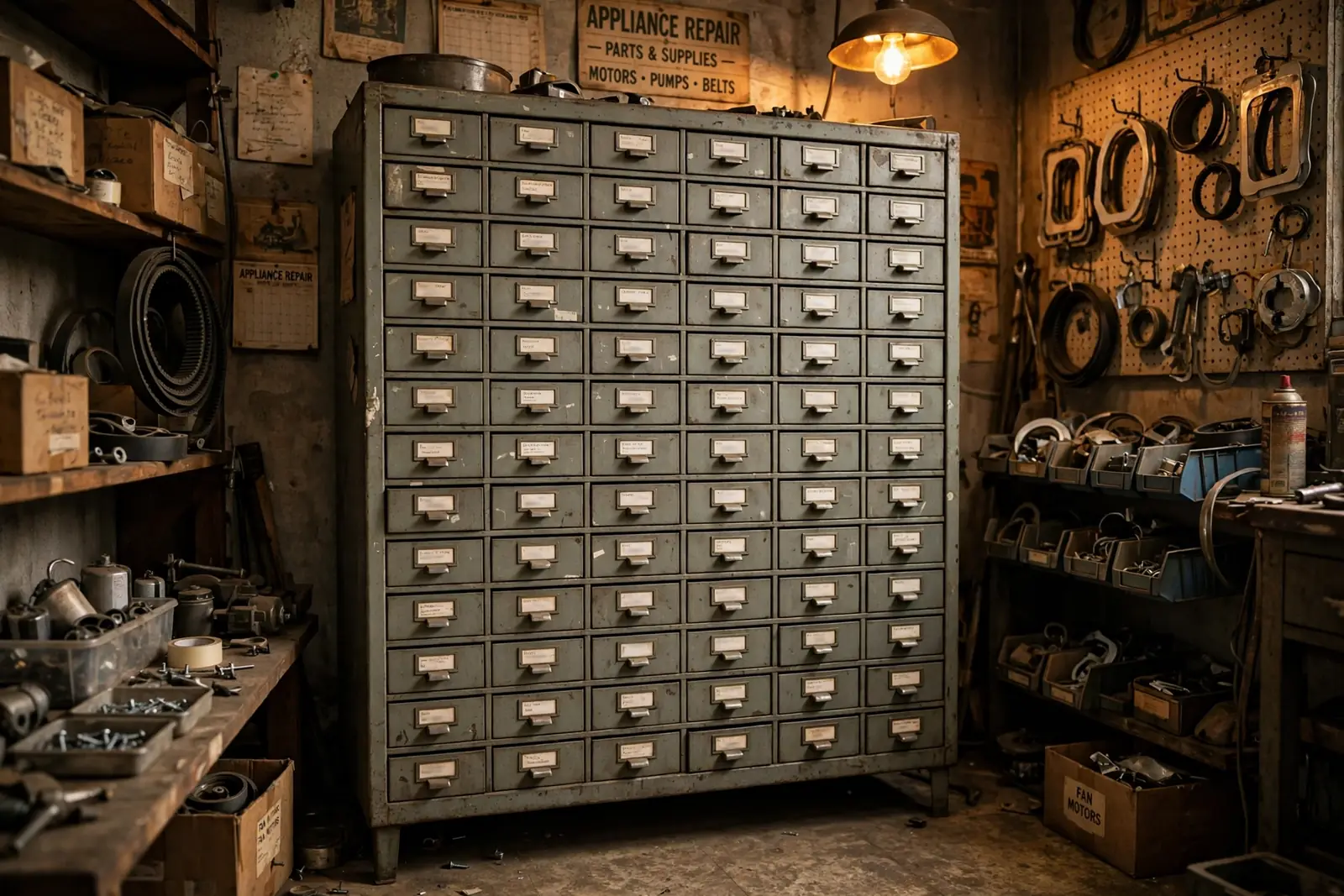 The parts drawer cabinet: dozens of labeled steel drawers holding small appliance parts