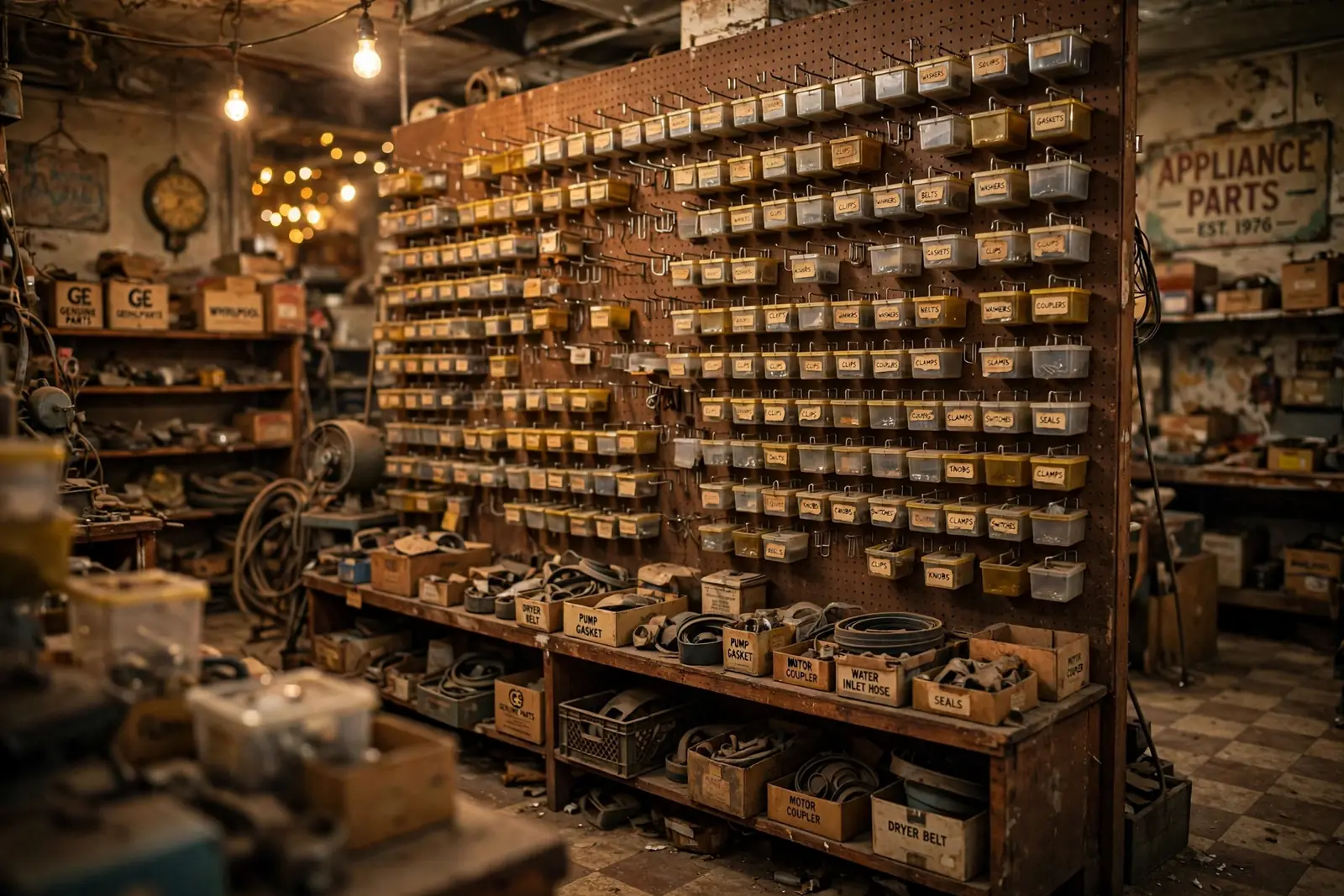 A pegboard wall of hanging parts bins in an appliance parts store